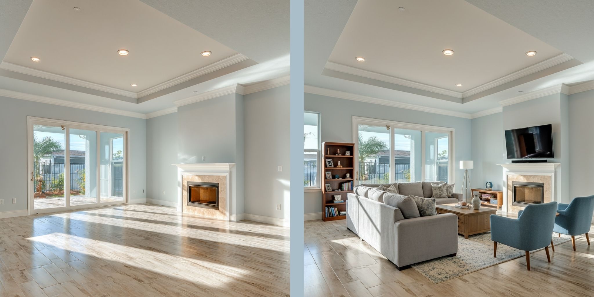 An image showing an empty room and how the same room would look if staging was used